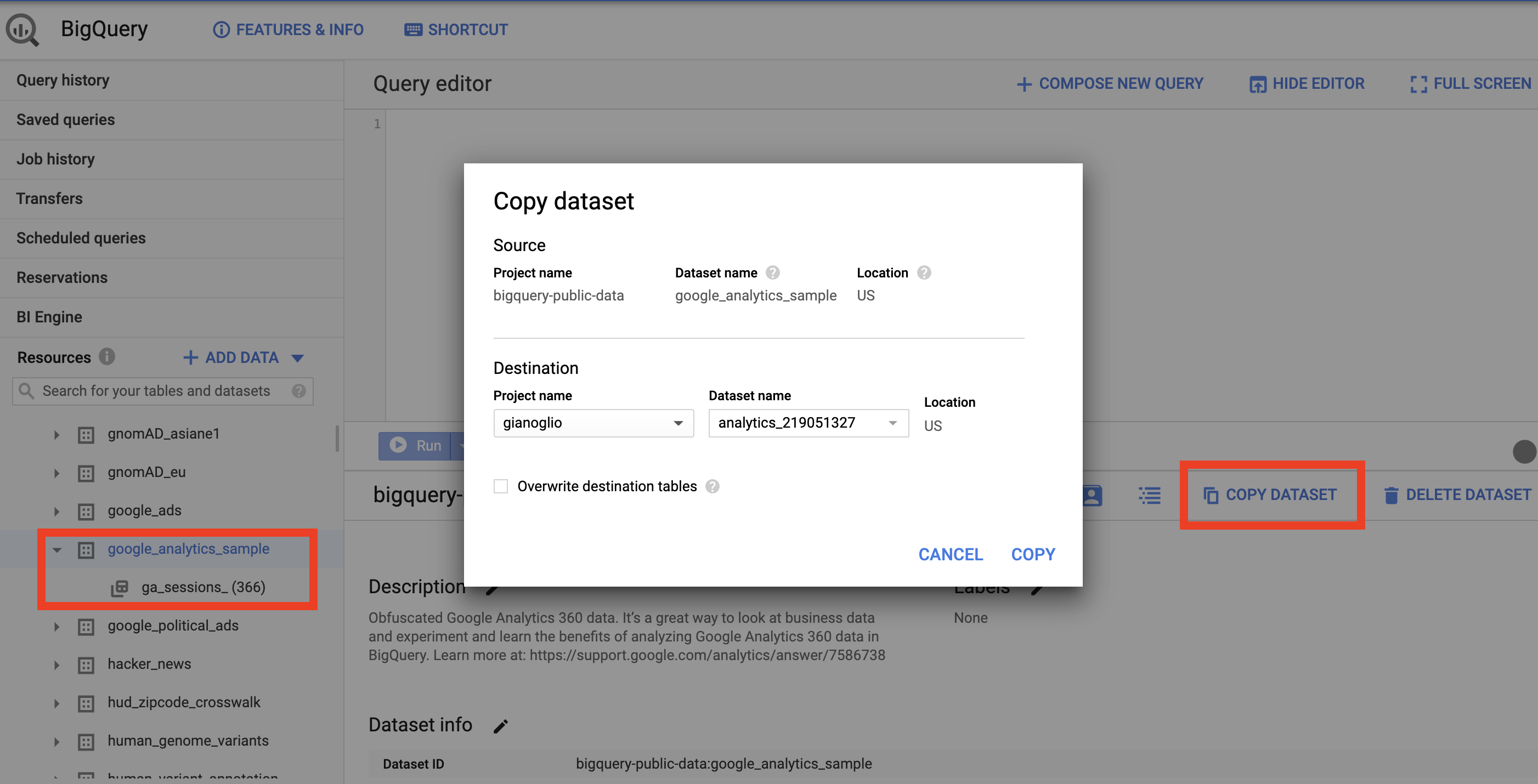 Copy Dataset in the BigQuery user interface.
